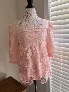 Sundance Pink Lace Blouse Boho Romantic Embroidered Top Size L